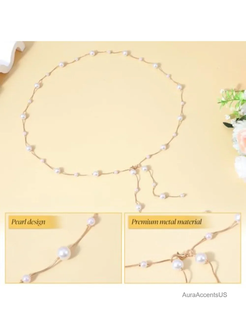 Adjustable Pearl Chain Belt for Dress, Long Tassel Gold Tone Faux Pearl Waist